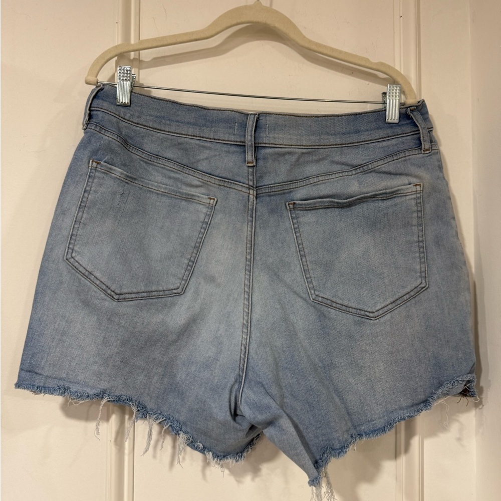 Express Midi High Rise Hyper Stretch  Blue Cutoff Shorts with Frayed Hem - Picture 2 of 4